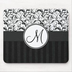 Tapis De Souris Noir sur blanc Fleur, Feux et Monogramme