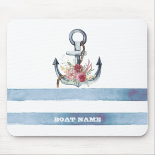Tapis De Souris Nom de bateau nautique, fleurs d'ancre rayures