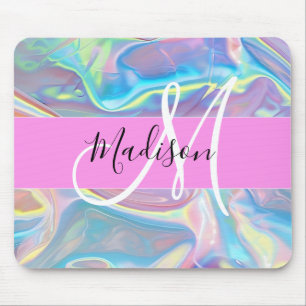 Tapis De Souris Nom de monogramme holographique iridescent rose fé