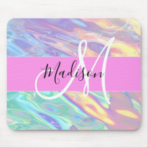 Tapis De Souris Nom de monogramme holographique iridescent rose fé