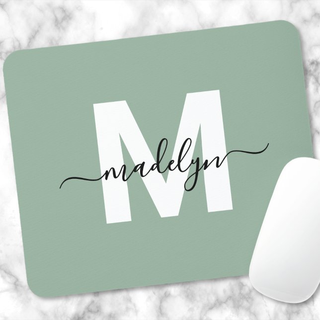 Tapis De Souris Nom de script moderne vert Monogramme (Green Modern Script Name Monogram Mouse Pad)