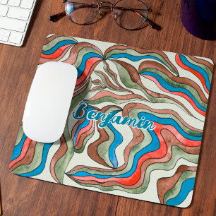 Tapis De Souris Nom de script ondulé bleu rouge vert rétro groovy
