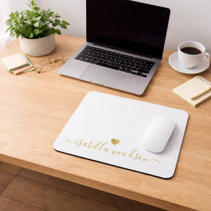 Tapis De Souris Nom de signature de script de cœur en or minimal 