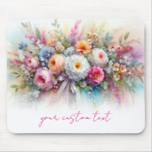 Tapis De Souris Nom de texte personnalisé Fleurs aquarelles élégan