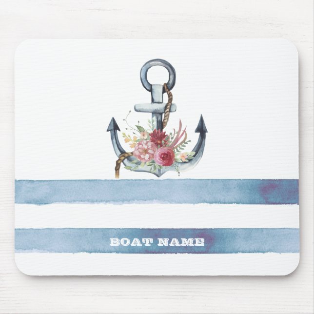 Tapis De Souris Nom du bateau nautique, Fleurs d'Ancres rayures (Devant)