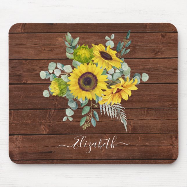 Tapis De Souris Nom du monogramme Fleur de soleil jaune bois rusti (Devant)