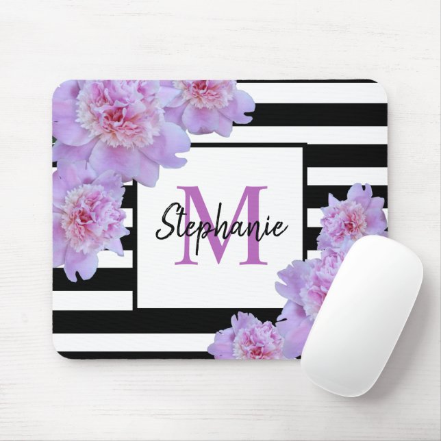 Tapis De Souris Nom du monogramme Fleur rose Fleur noire Bande pou (Avec souris)
