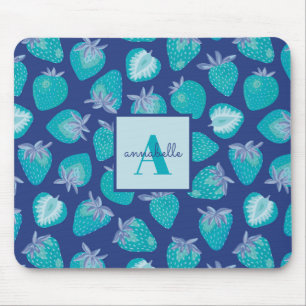 Tapis De Souris Nom du monogramme Motif de fraises d'été bleu