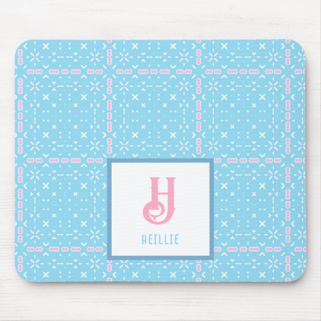 Tapis De Souris Nom du monogramme Motif Eléments bleu et rose (Devant)