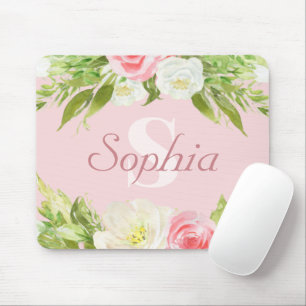Tapis De Souris Nom du monogramme personnalisé Aquarelle rose Flor