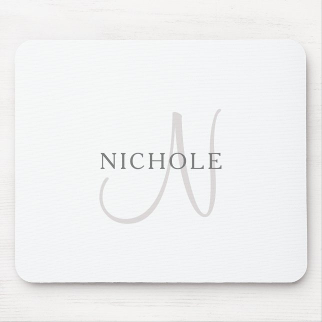 Tapis De Souris Nom élégant Monogramme | Blanc et gris (Devant)