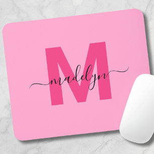 Tapis De Souris Nom en écriture manuscrite avec monogramme rose fé