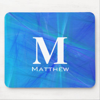 Tapis De Souris Nom en Monogramme Blanc Fractal Bleu Cool