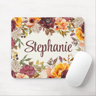 Tapis De Souris Nom floral automnal à l'aquarelle orange Bourgogne