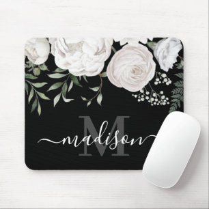 Tapis De Souris Nom floral noir blanc personnalisé Monogramme