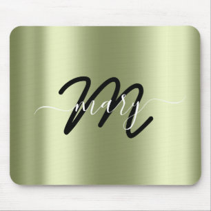 Tapis De Souris Nom minimal Monogramme Monnaie verte Noir