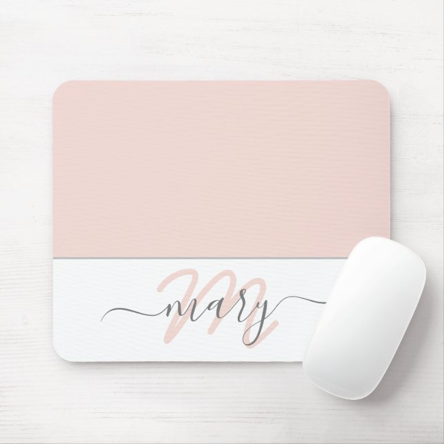 Tapis De Souris Nom Monogramme Blanc Rose Rose Blanc Blanc Abstrai (Avec souris)