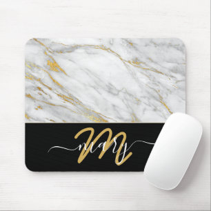 Tapis De Souris Nom Monogramme Marbre Golden Strots Back Blanc