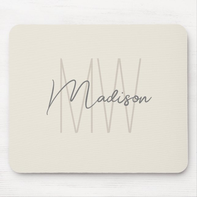 Tapis De Souris Nom Monogramme moderne Script Cream (Devant)