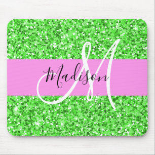 Tapis De Souris Nom monogramme paillettes scintillantes rose et ve