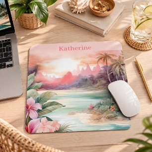 Tapis De Souris Nom personnalisé de plage tropicale rose