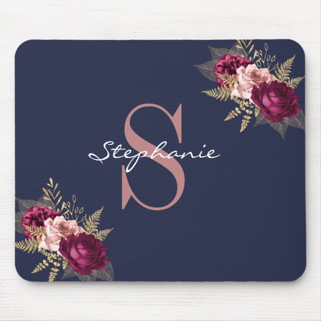 Tapis De Souris Nom personnalisé Monogramme rose Bourgogne Or Flor (Devant)