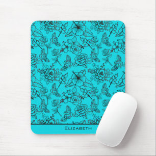 Tapis De Souris Nom personnalisé motif floral bleu transparent
