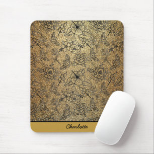 Tapis De Souris Nom personnalisé motif floral doré