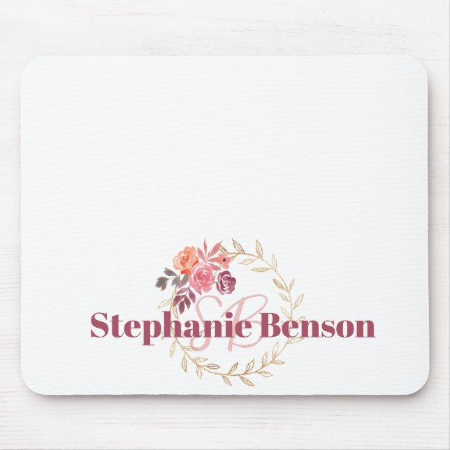 Tapis De Souris Nom personnalisé Mousepad | Belle aquarelle floral (Devant)