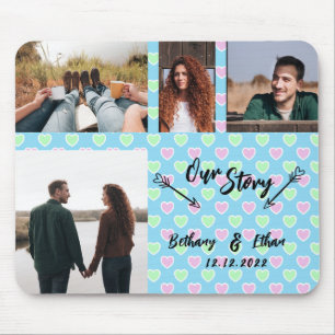 Tapis De Souris Notre histoire Couple Photo Collage Coeurs Bleus M