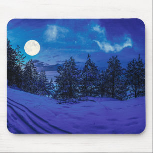 Tapis De Souris Nuit étoilée avec pleine lune en forêt