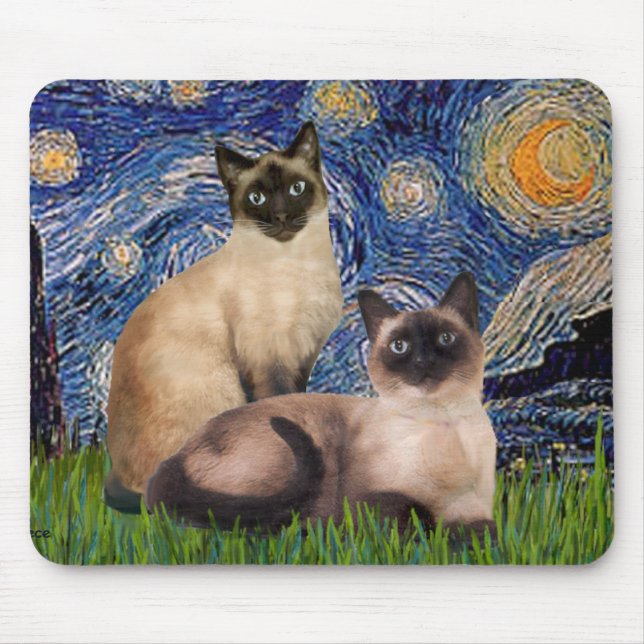 Tapis De Souris Nuit étoilée - Deux chats siamois (Choc Pt) (Devant)