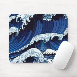 Tapis De Souris Œuvres d'art japonaises de vagues d'océan bleu abs