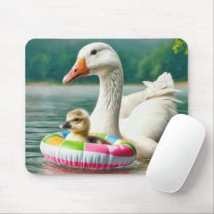 Tapis De Souris Oie blanche avec Gosling dans un anneau gonflable