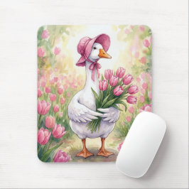 Tapis De Souris Oie Blanche Avec Tulipes Roses