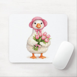 Tapis De Souris Oie blanche tenant un bouquet de tulipes roses