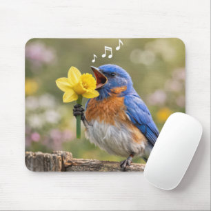 Tapis De Souris Oiseau bleu chantant dans un narcisse jaune