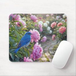 Tapis De Souris Oiseau bleu sur une pivoine rose