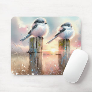 Tapis De Souris Oiseaux au pastel aquarelle sur un poteau de clôtu