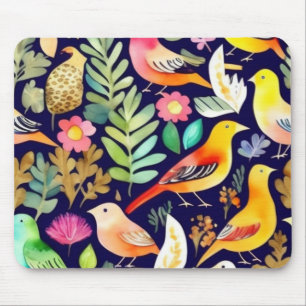 Tapis De Souris Oiseaux colorés motifs floraux décor bleu