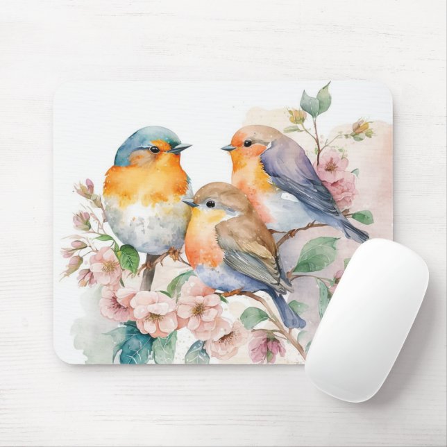 Tapis De Souris Oiseaux D'Aquarelle Sur Branche De Fleur (Avec souris)