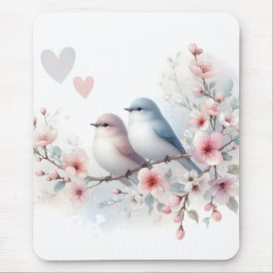 Tapis De Souris Oiseaux de l'amour romantique Branche de fleurs de