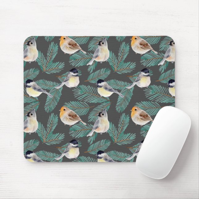 Tapis De Souris Oiseaux d'hiver sur les branches (Avec souris)