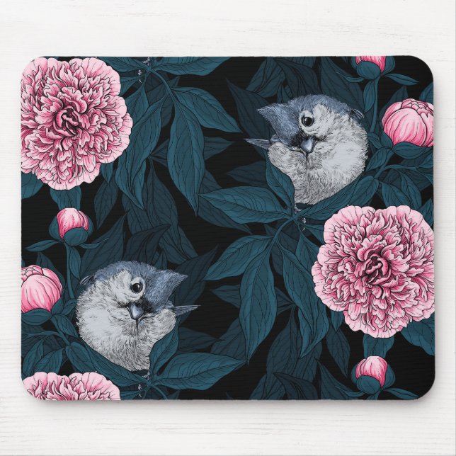 Tapis De Souris Oiseaux et fleurs de pivoines roses avec feuille (Devant)