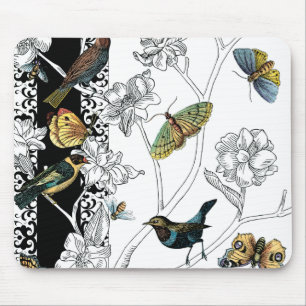 Tapis De Souris Oiseaux et papillon sur un arrière - plan noir et