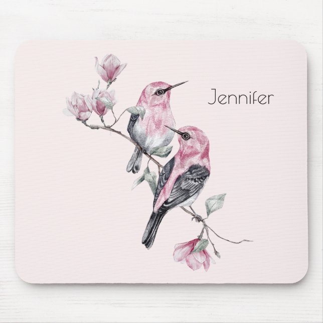 Tapis De Souris Oiseaux roses et noirs sur une branche d'arbre (Devant)
