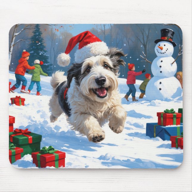 Tapis De Souris Old English Sheepdog Running in Snow Christmas Cas (Devant)