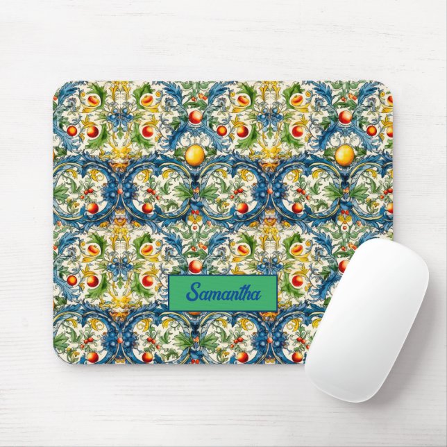 Tapis De Souris oranges méditerranéennes siciliennes majolica bleu (Avec souris)