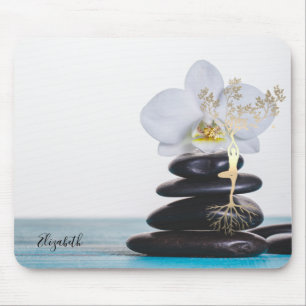 Tapis De Souris Orchidée blanche, Pierres Zen, Silhouette d'arbre 