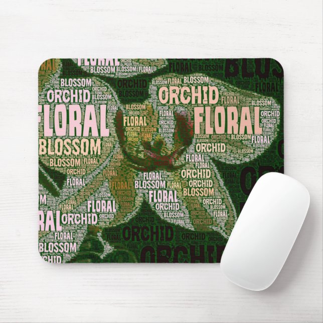Tapis De Souris Orchidée Florale Blossom Vert Retour Mot Nuage (Avec souris)